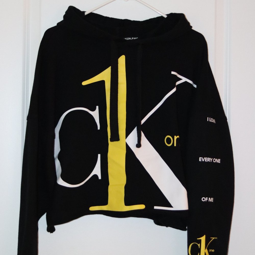 Calvin Klein CK One Black, Yellow & White Cropped Hoodie, Women's Large